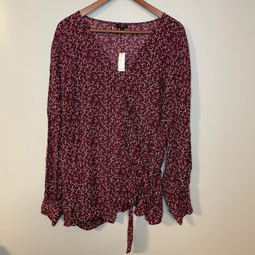 NWT TALBOTS Size 3x Burgundy Blue Floral Faux Wrap Long Sleeve‎ Blouse